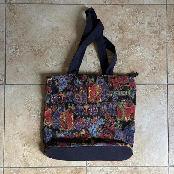 Laurel Burch multicolored tapestry cat print tote bag, zips at the top - Picture 1 of 7
